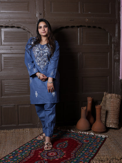 Steel Blue Aari Floral Embroidered Kashmiri Co-Ord Set