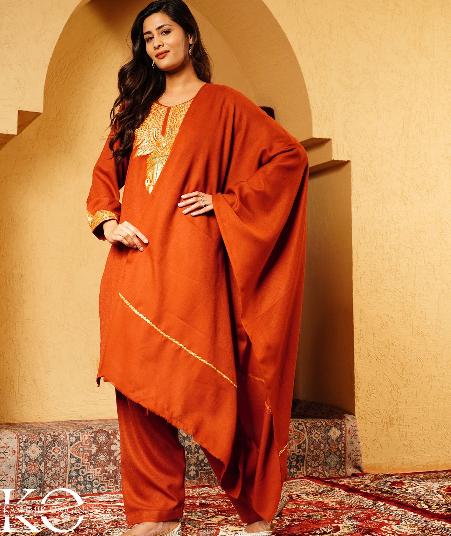 Rustic Copper Tilla Embroidered Woolen Suit With Shawl
