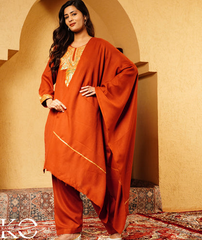 Rustic Copper Tilla Embroidered Woolen Suit With Shawl