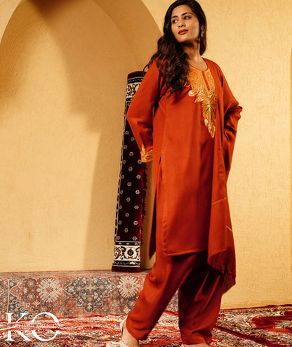 Rustic Copper Tilla Embroidered Woolen Suit With Shawl