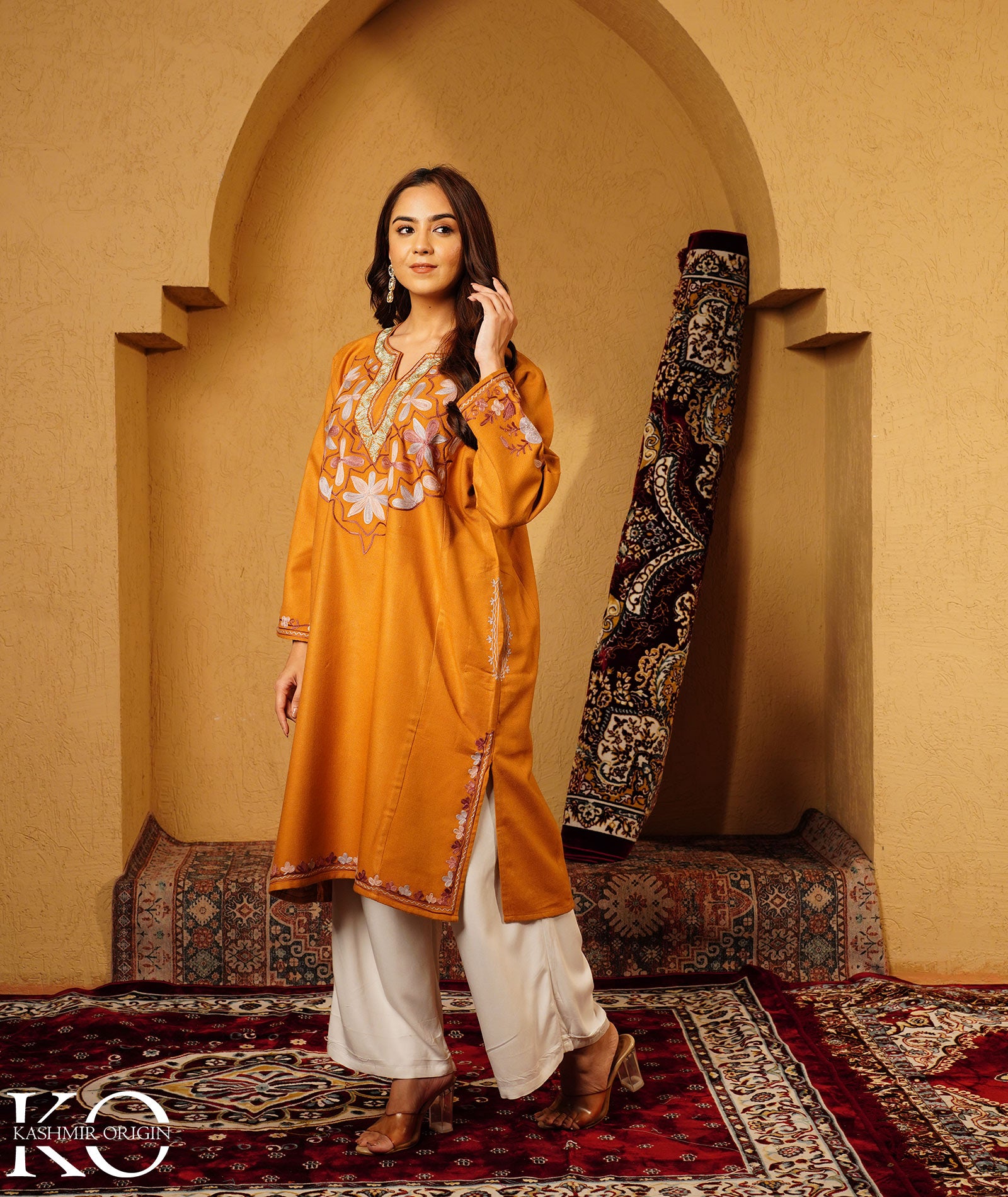 Ochre color Zari and Aari Embroidered Khatamband Design Woolen Pheran