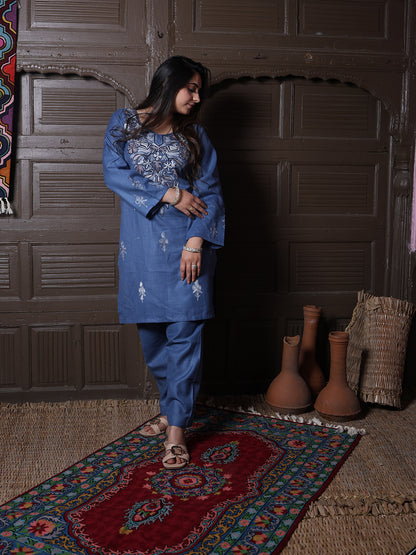 Steel Blue Aari Floral Embroidered Kashmiri Co-Ord Set