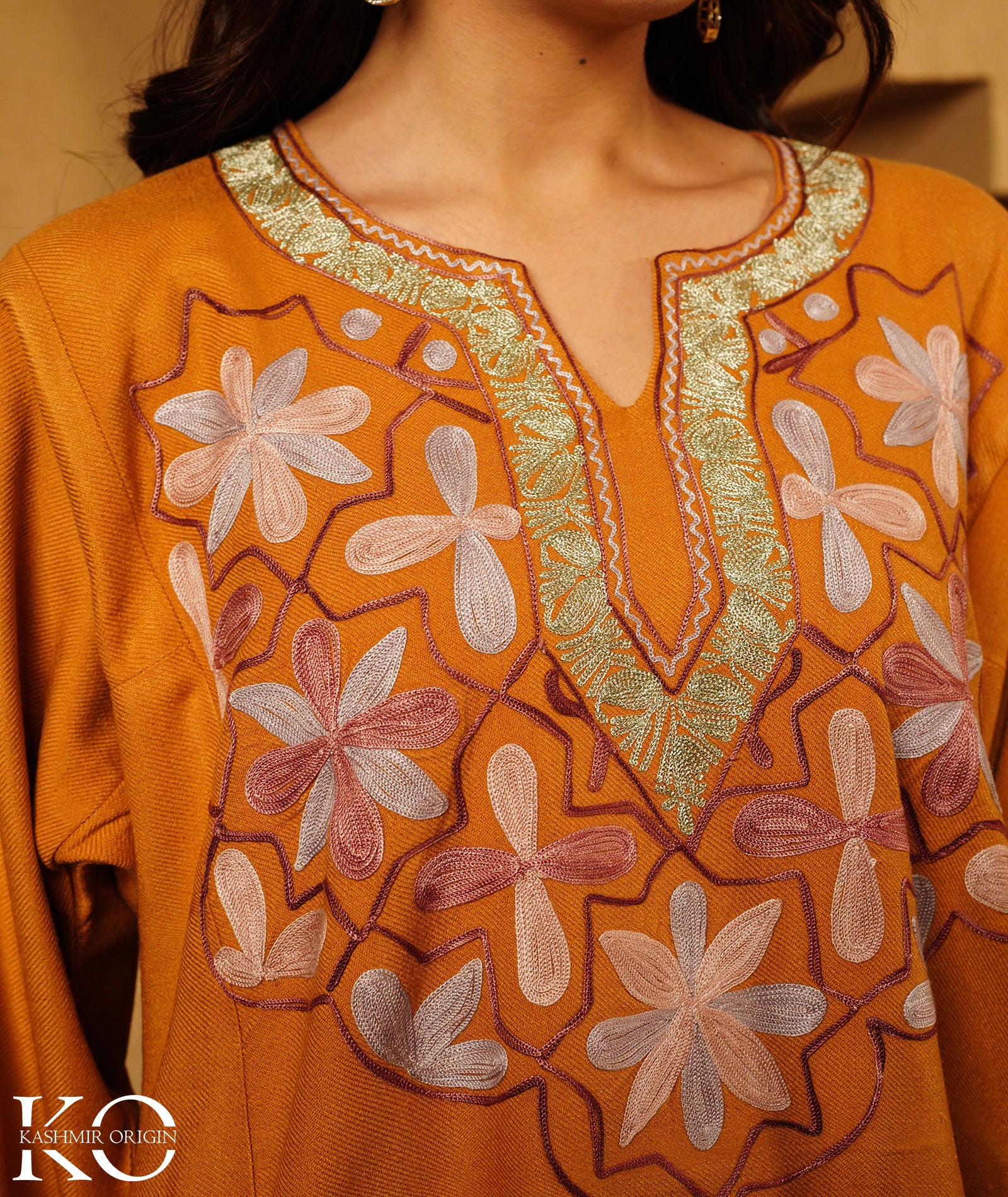 Ochre color Zari and Aari Embroidered Khatamband Design Woolen Pheran