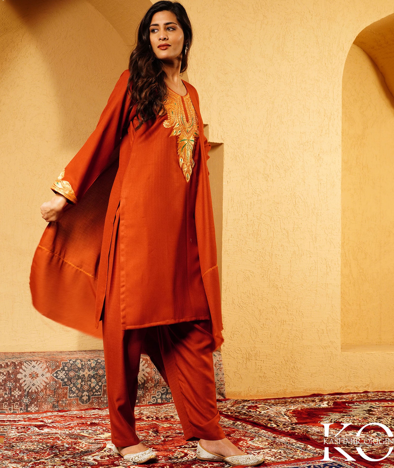 Rustic Copper Tilla Embroidered Woolen Suit With Shawl