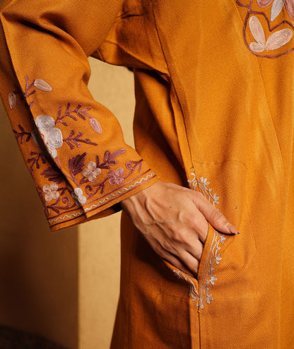 Ochre color Zari and Aari Embroidered Khatamband Design Woolen Pheran