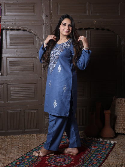 Steel Blue Aari Floral Embroidered Kashmiri Co-Ord Set