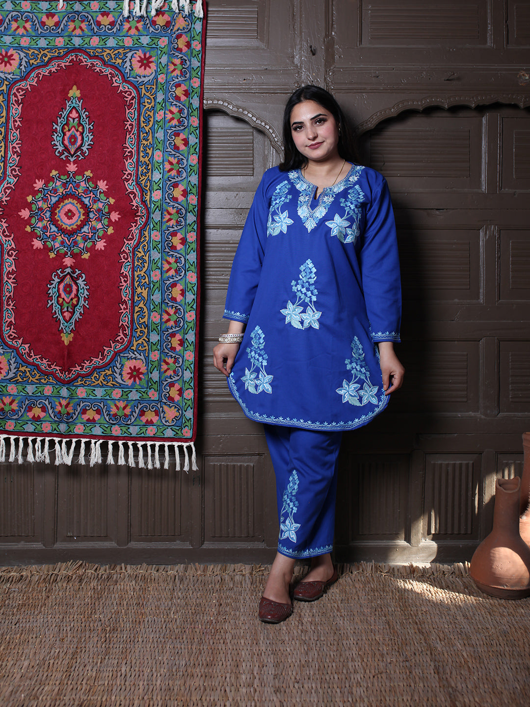Blue Floral Aari & Zari Outline Embroidered Kashmiri Co-Ord Set