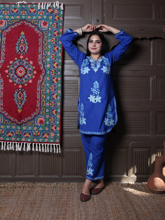 Blue Floral Aari & Zari Outline Embroidered Kashmiri Co-Ord Set