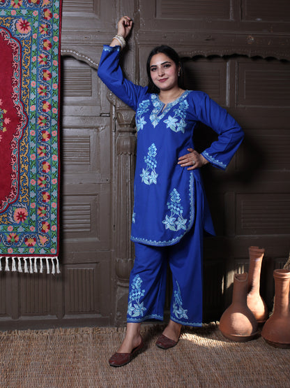 Blue Floral Aari & Zari Outline Embroidered Kashmiri Co-Ord Set