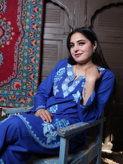 Blue Floral Aari & Zari Outline Embroidered Kashmiri Co-Ord Set