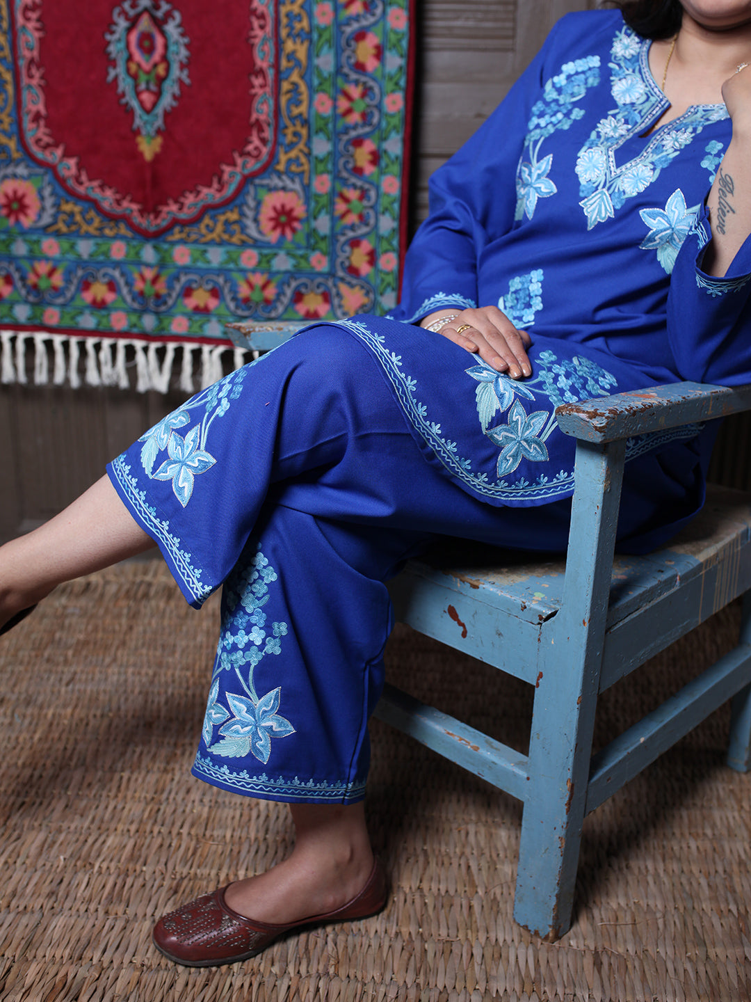 Blue Floral Aari & Zari Outline Embroidered Kashmiri Co-Ord Set