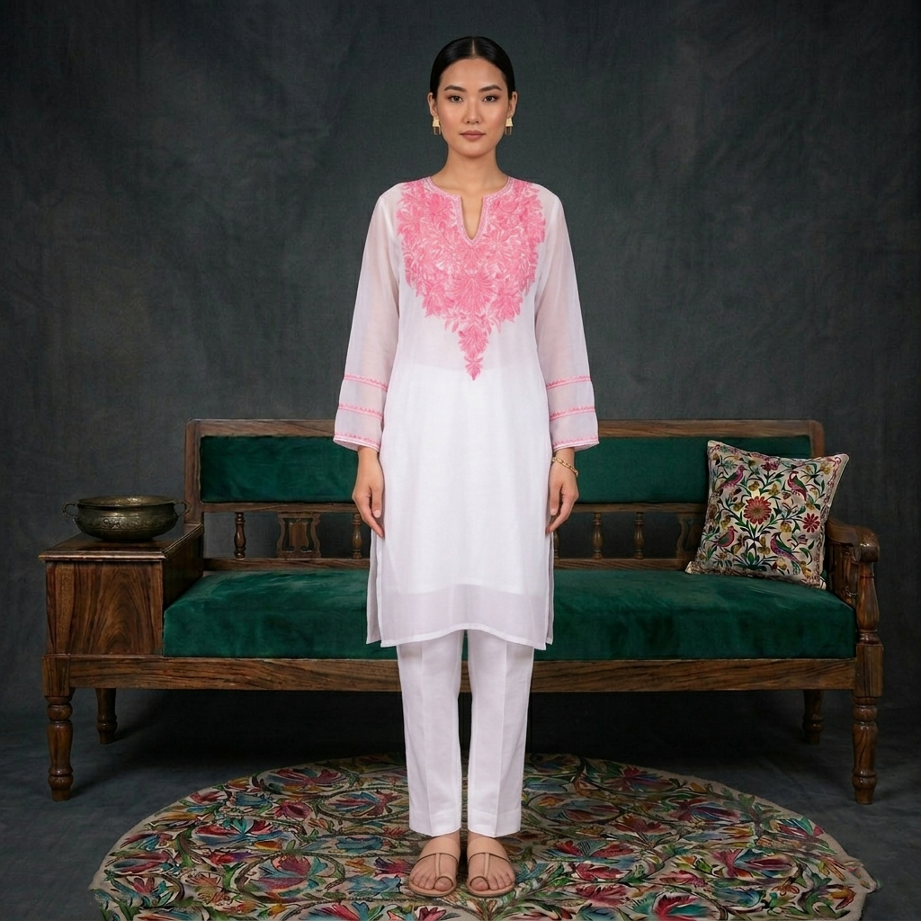 Powdered White Aari Embroidered Georgette Kurti | Pink Aari Work | Kurti for Women