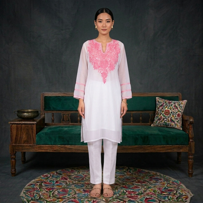Powdered White Aari Embroidered Georgette Kurti | Pink Aari Work | Kurti for Women