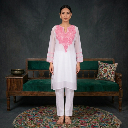 Powdered White Aari Embroidered Georgette Kurti | Pink Aari Work | Kurti for Women