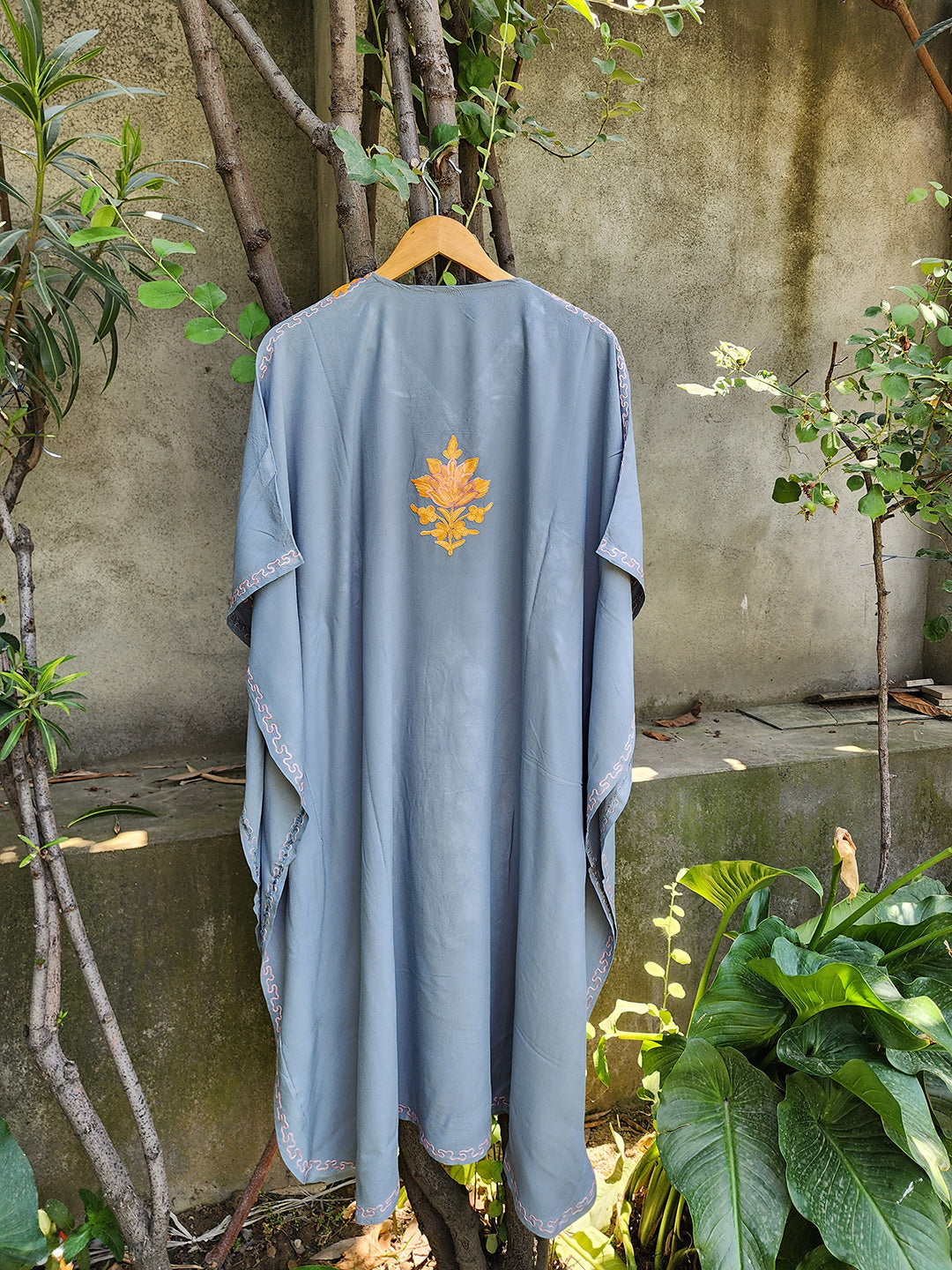 Grey & Mustard Aari Embroidered Rayon Cotton Kaftan