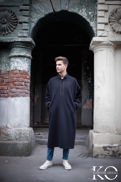 Black Fleece wool Mandarin Collar Kashmiri Pheran | Men's Phiran | Woolen Pherans