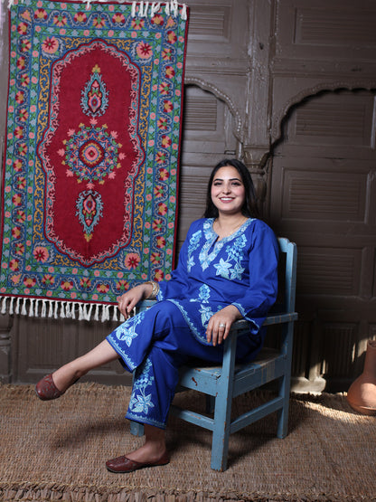 Blue Floral Aari & Zari Outline Embroidered Kashmiri Co-Ord Set