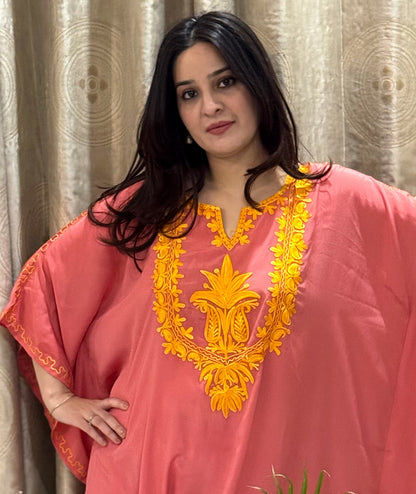 Peach & Yellow Aari Embroidered Crepe Silk Kaftan Co Ord Set