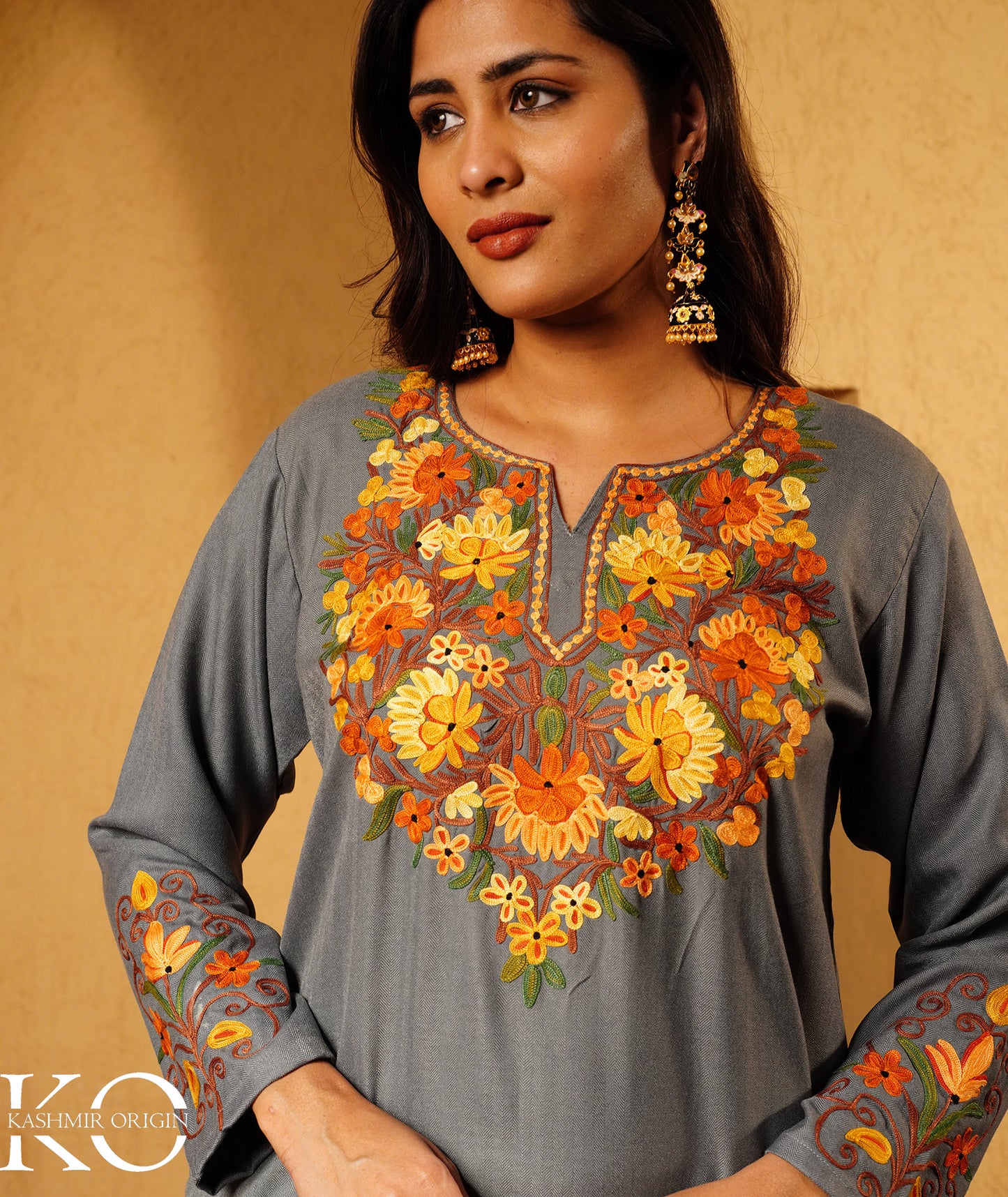 Slate Grey Aari Embroidered Woolen Suit With Shawl