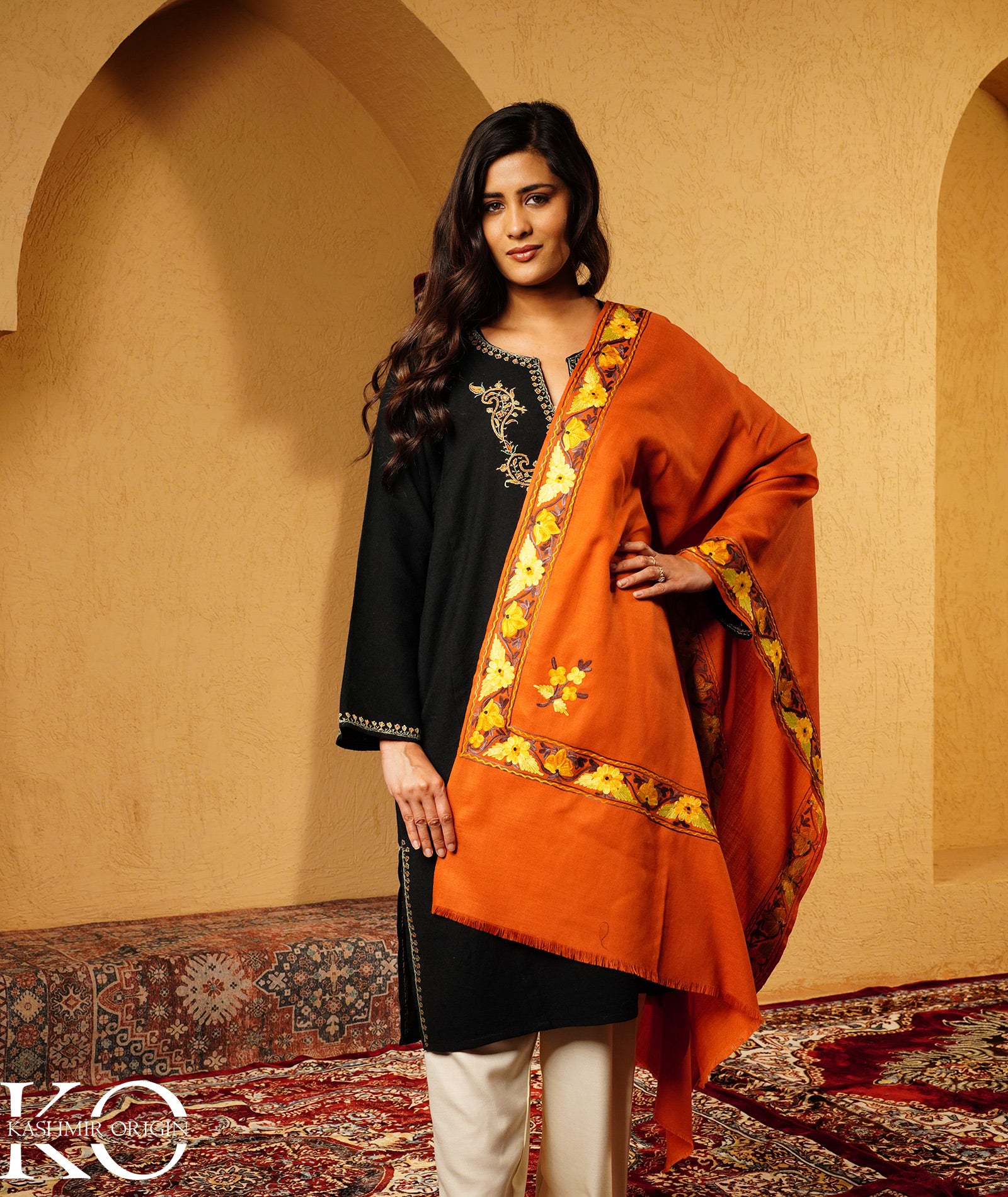 Rust Aari Embroidered Woolen Shawl