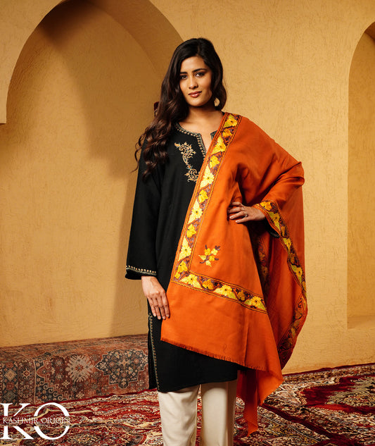 Rust Aari Embroidered Woolen Shawl