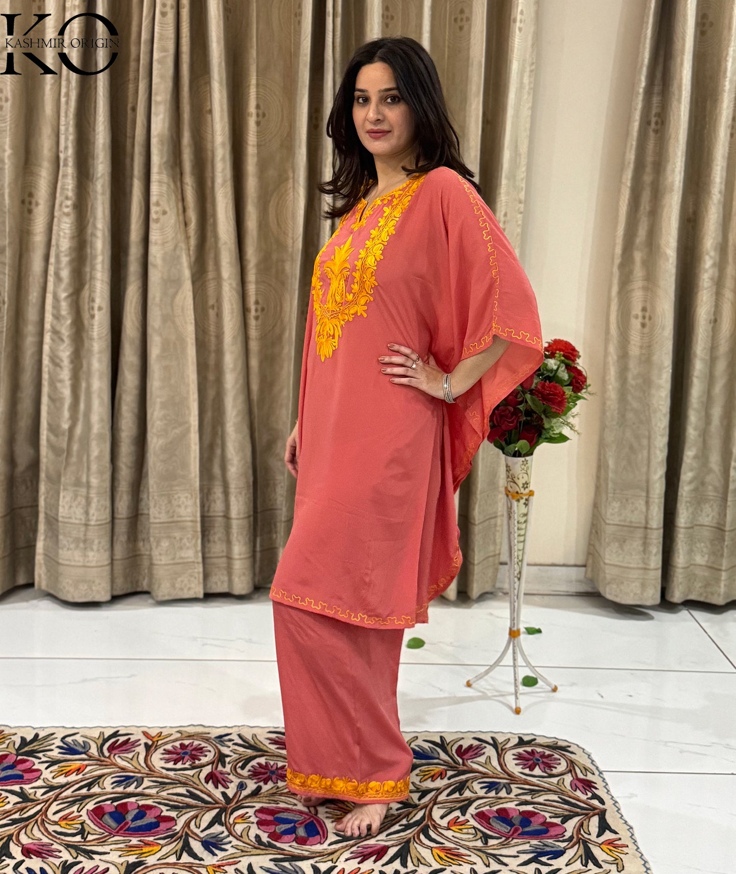 Peach & Yellow Aari Embroidered Crepe Silk Kaftan Co Ord Set