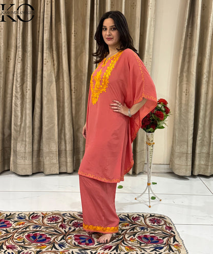 Peach & Yellow Aari Embroidered Crepe Silk Kaftan Co Ord Set