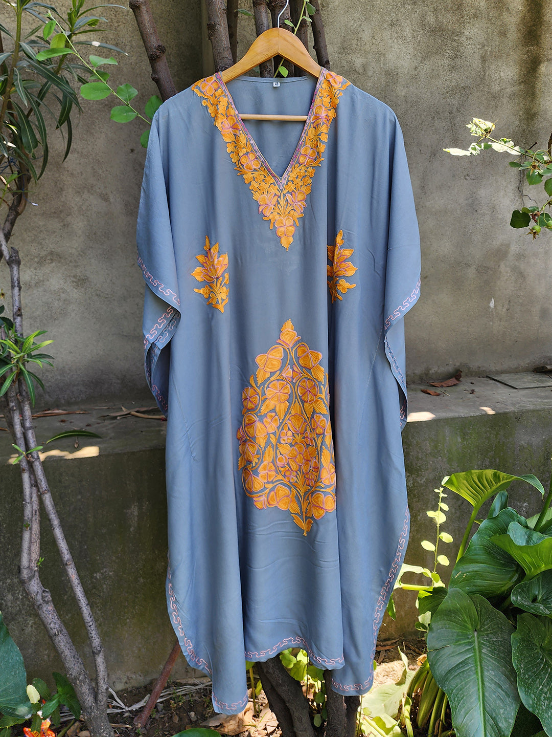 Grey & Mustard Aari Embroidered Rayon Cotton Kaftan