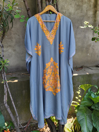 Grey & Mustard Aari Embroidered Rayon Cotton Kaftan
