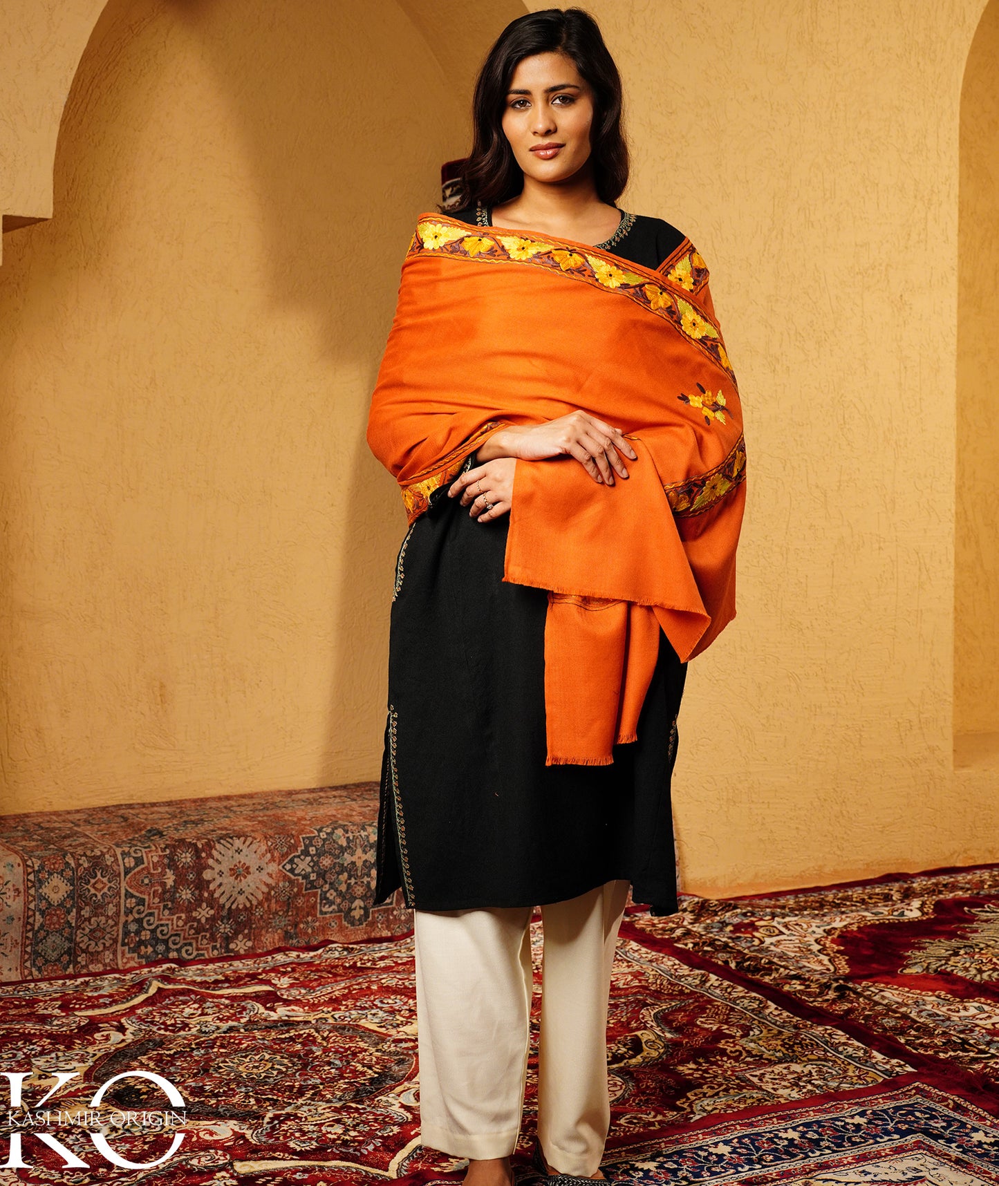 Rust Aari Embroidered Woolen Shawl