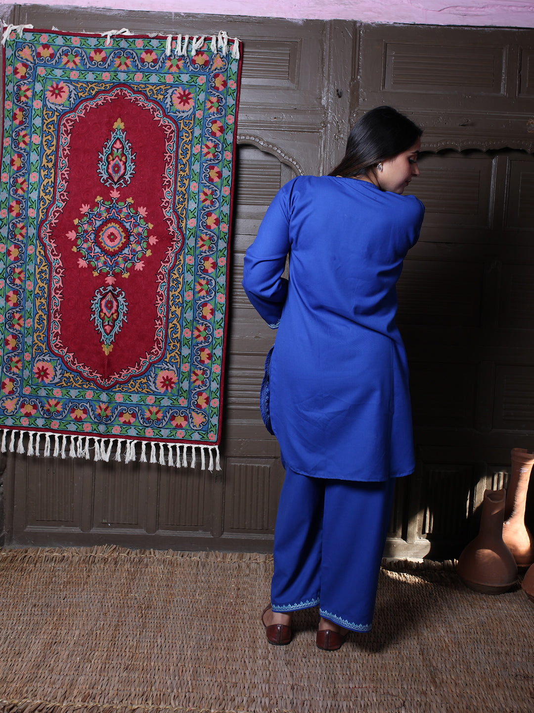 Blue Floral Aari & Zari Outline Embroidered Kashmiri Co-Ord Set