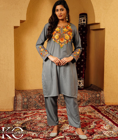Slate Grey Aari Embroidered Woolen Suit With Shawl