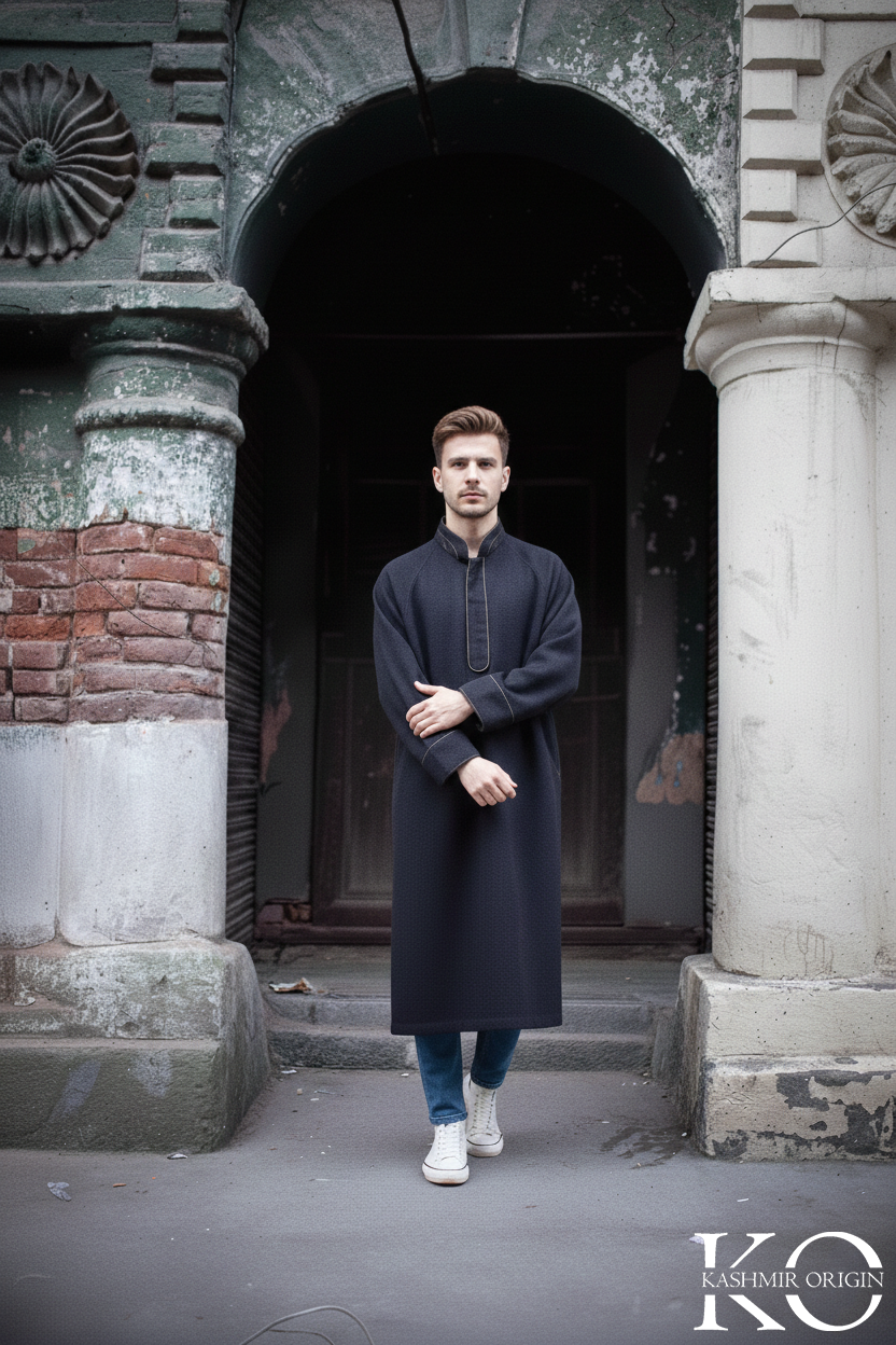Black Fleece wool Mandarin Collar Kashmiri Pheran | Men's Phiran | Woolen Pherans