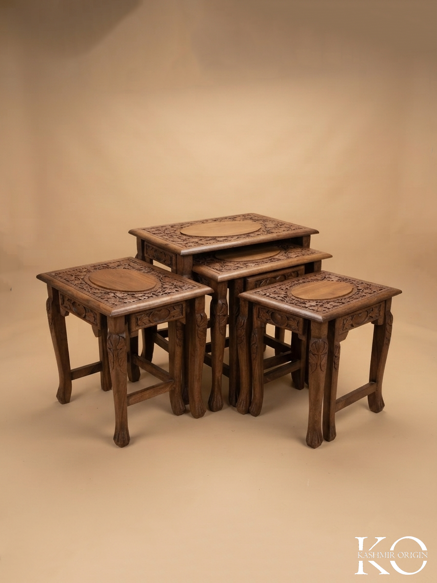Nested Walnut Wood Hand Carved Table Set |  4 Piece Set | 18 x 12