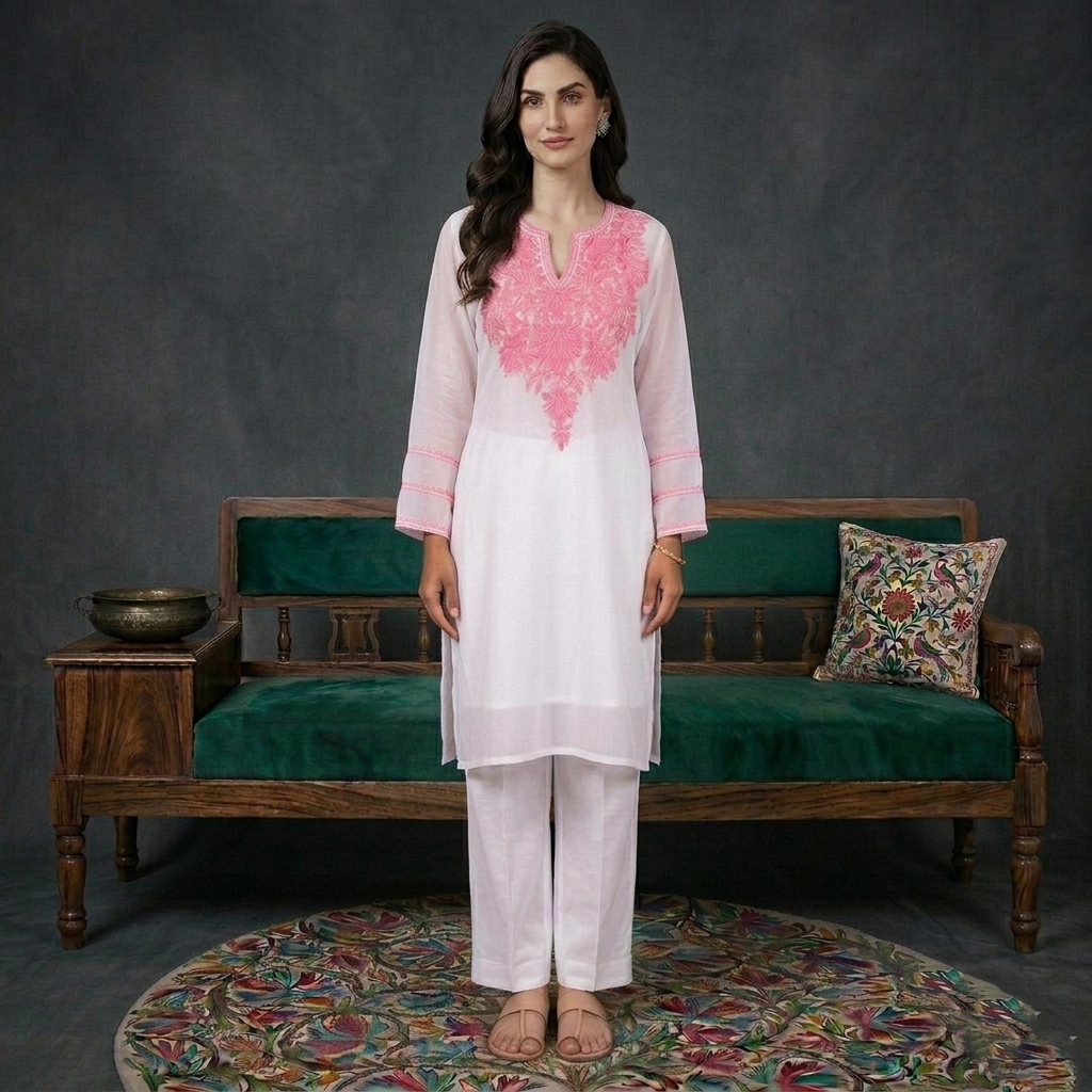 Powdered White Aari Embroidered Georgette Kurti | Pink Aari Work | Kurti for Women