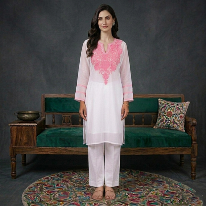 Powdered White Aari Embroidered Georgette Kurti | Pink Aari Work | Kurti for Women