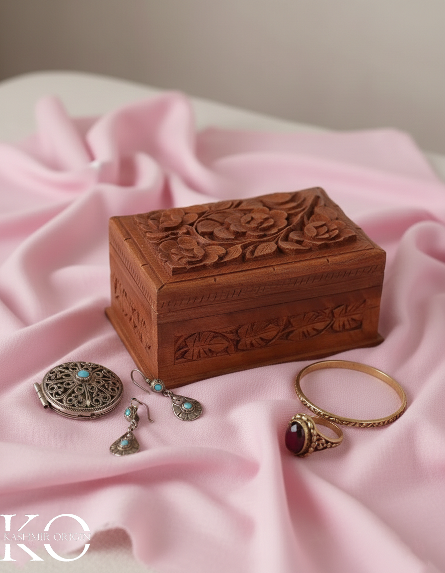 Walnut Wood Flower Tree Storage Box | Hand Carved | Decorative Box | Hand Carved in kashmir