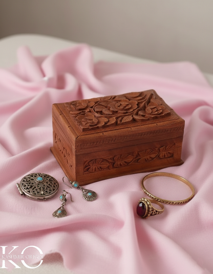 Walnut Wood Flower Tree Storage Box | Hand Carved | Decorative Box | Hand Carved in kashmir