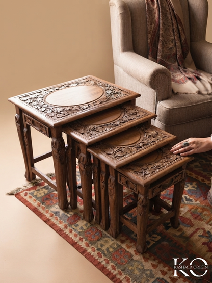 Nested Walnut Wood Hand Carved Table Set |  4 Piece Set | 18 x 12