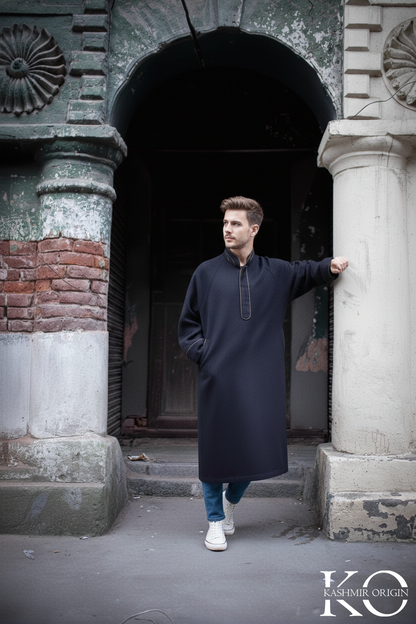 Black Fleece wool Mandarin Collar Kashmiri Pheran | Men's Phiran | Woolen Pherans