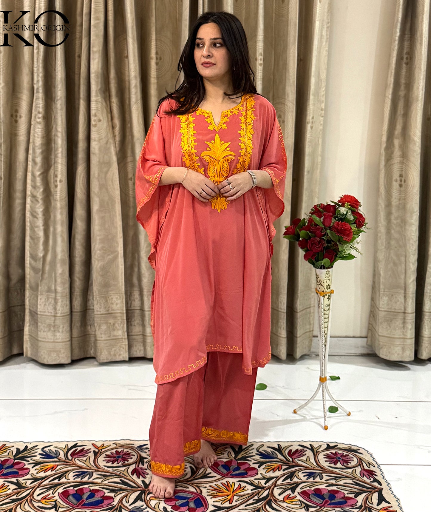 Peach & Yellow Aari Embroidered Crepe Silk Kaftan Co Ord Set