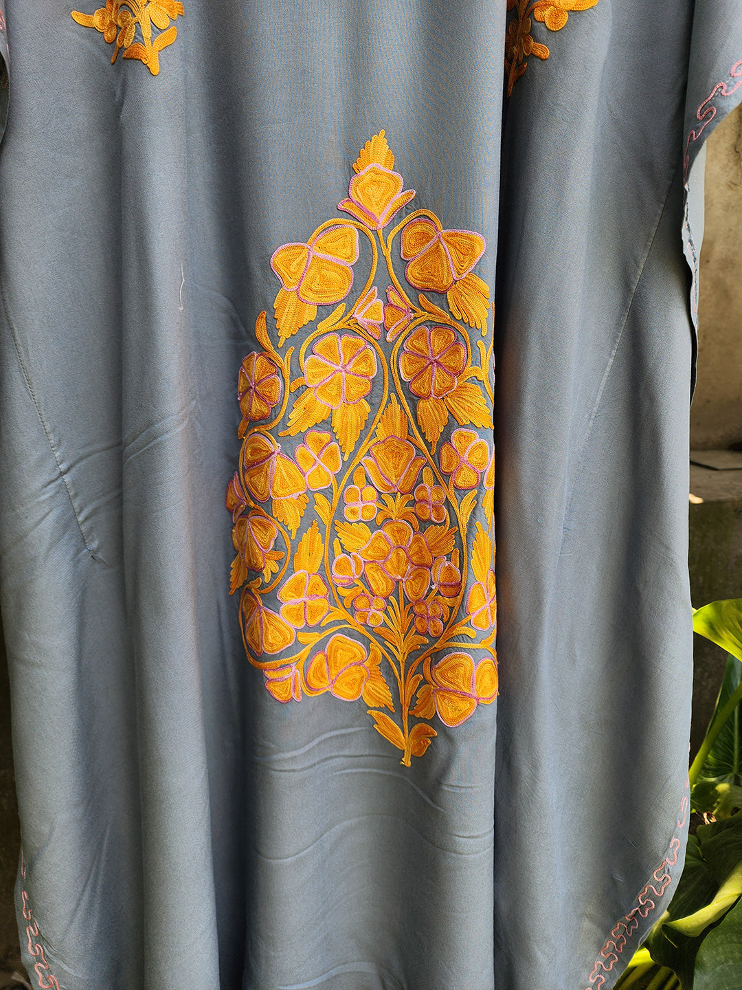 Grey & Mustard Aari Embroidered Rayon Cotton Kaftan