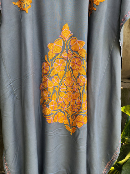 Grey & Mustard Aari Embroidered Rayon Cotton Kaftan