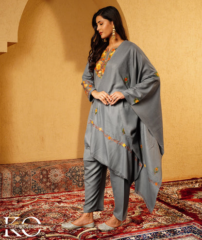 Slate Grey Aari Embroidered Woolen Suit With Shawl