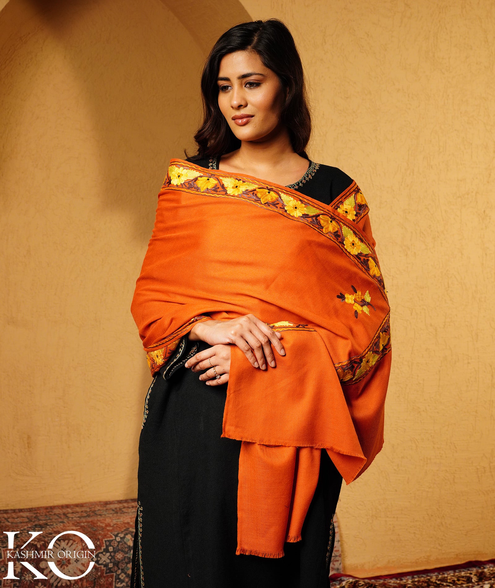 Rust Aari Embroidered Woolen Shawl
