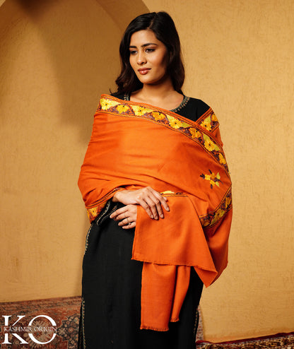 Rust Aari Embroidered Woolen Shawl