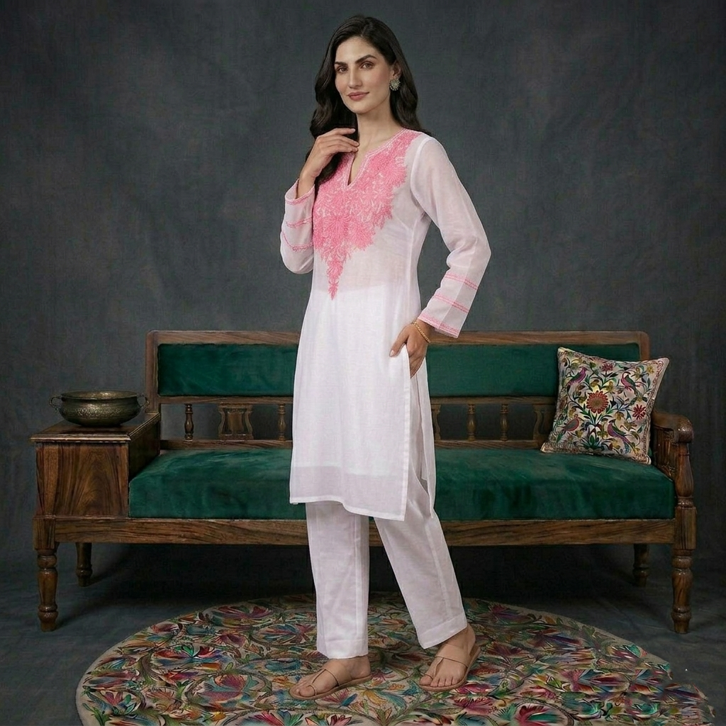 Powdered White Aari Embroidered Georgette Kurti | Pink Aari Work | Kurti for Women