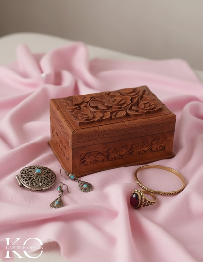 Walnut Wood Flower Tree Storage Box | Hand Carved | Decorative Box | Hand Carved in kashmir