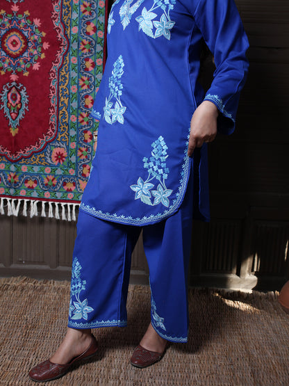 Blue Floral Aari & Zari Outline Embroidered Kashmiri Co-Ord Set