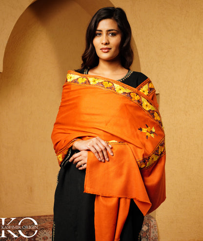 Rust Aari Embroidered Woolen Shawl